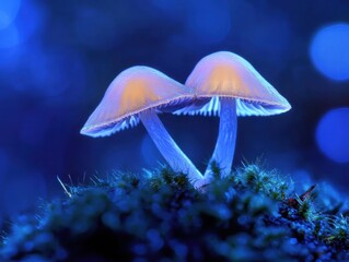 Two mushrooms are on a mossy ground
