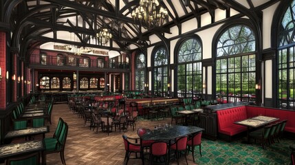 Naklejka premium Elegant Restaurant Interior Design with Dark Wood and Green Accents