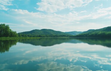 Fototapeta premium A calm lake with a mountain in the background