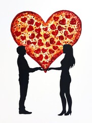 Pizza Heart Love - Silhouette of a couple sharing a heart-shaped pizza, a romantic illustration.