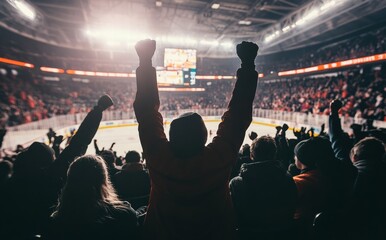 A hockey game is being played in a packed stadium