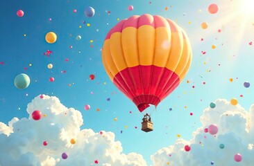 Obraz premium A joyous ascension of colorful balloons against a vibrant sky, celebrating festivity and happiness with confetti 