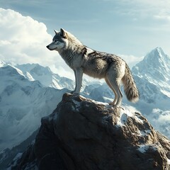 Obraz premium Graceful wolf standing snowy mountain surrounded majestic peaks glowing brightly under colorful glowing serene golden glowing vibrant glowing glowing evening light