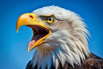 Obraz premium Majestic Bald Eagle Screaming, Close Up, Clear Sky, Wildlife Photography