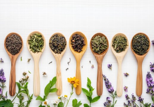 A row of spoons with different herbs and spices on a white background