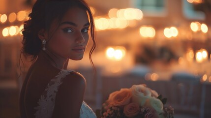 Naklejka premium Bride enjoying her romantic evening surrounded by soft golden lights