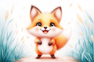 Fototapeta premium Adorable Fluffy Fox Kit In Pastel Grassland