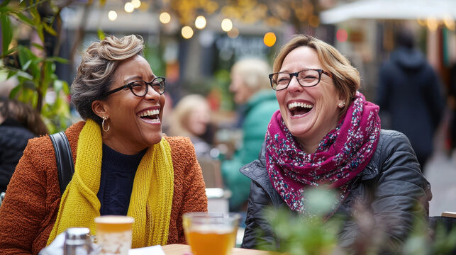Two women laughing together at outdoor cafe, enjoying lively conversation