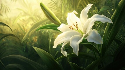 Fototapeta premium White lily in sunlight. Generative AI
