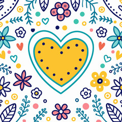 Yellow heart surrounded by colorful flowers and leaves. (1)
