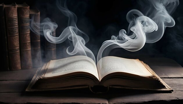 Open book with glowing smoke and mystical blue flame, symbolizing fantasy, creativity, and the magic of untold stories.