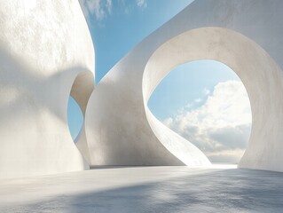 A white building with a curved design and a blue sky in the background
