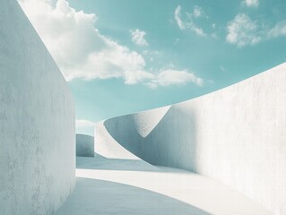 A long, narrow, white building with a blue sky in the background