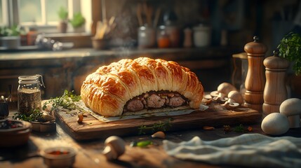 Rustic Kitchen Scene with Freshly Baked Beef Wellington, Invoking Tradition of Home-Cooked Meals and Family Gatherings