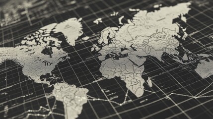 World map with grid overlay, sepia toned.