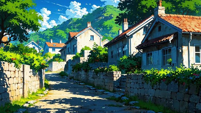 Serene countryside scene featuring charming houses along a stone path surrounded by lush greenery