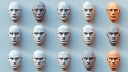 Human face shapes, set of 3d faces of different shapes for the game
