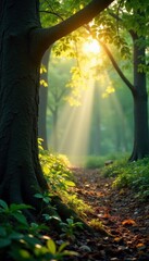 Obraz premium Sunlight filtering through a tree branch onto the forest floor, forest floor, , tree branch