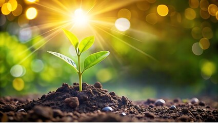 Young Seedling Growing in Soil Under Sunlight, Symbol of New Life, Growth, Hope, and Nature, Sustainable Agriculture, Environmental Conservation, Fresh Start, Green Energy, Eco-Friendly Concept