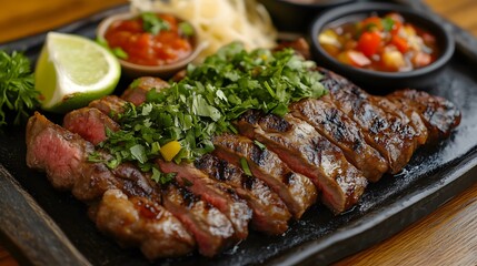 An Exciting Flavor Explosion with Tender Steak Fajitas Garnished with Fresh Ingredients and Zesty Salsas