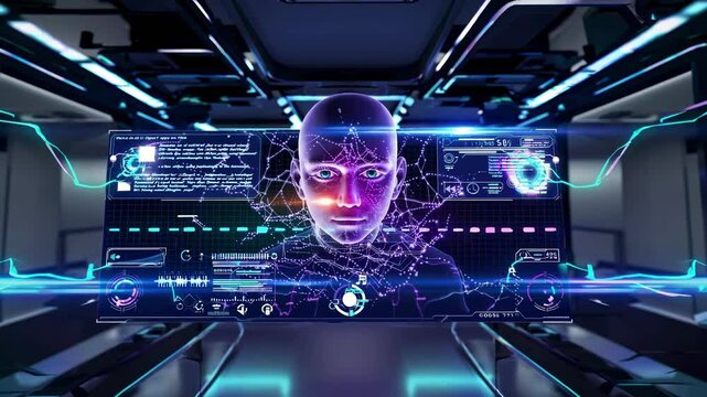 Artificial intelligence software composes music inside a futuristic spaceship control room, with holographic interfaces and digital displays showcasing waveforms and data analysis