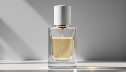 Perfume bottle with golden liquid against minimalistic background