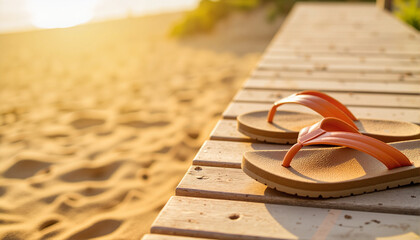 Flip flops on wooden dock by sandy beach at sunset, Spring break theme 