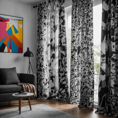 Modern monochrome curtains with a colorful pop art mural.