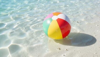 Obraz premium Colorful beach ball on sandy shore, Spring break theme 