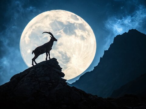Majestic Capricorn Goat Silhouette: Full Moon Night Mountaintop