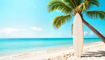 Surfboard leaning against palm tree on tropical beach, Spring break theme 