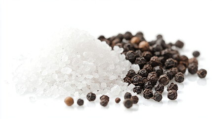 A small pile of salt next to pepper on white background