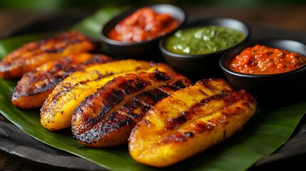 Colorful Fried Plantains Presented on Banana Leaf with a Variety of Dipping Sauces