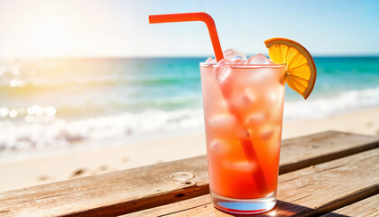 Refreshing cocktail with straw and orange slice on beach background, Spring break theme 