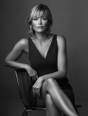Naklejka premium Medium shot of a middle-aged Scandinavian woman sitting confidently on a chair in a studio. Her short blonde hair and black dress exude timeless elegance. 