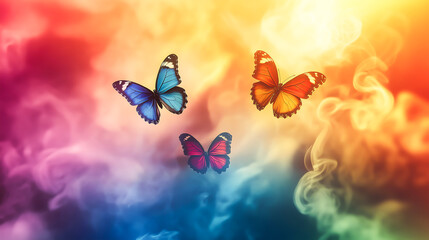 Small butterflies fly with colorful smoke background