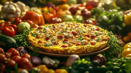 A Traditional Mediterranean-Style Frittata Filled with Fresh Ingredients Displayed on a Colorful Platter
