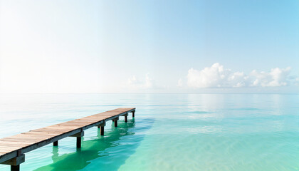 Obraz premium Wooden pier extending into tranquil turquoise ocean, Spring break theme 