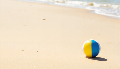 Obraz premium Beach ball on sandy shore, Spring break theme 