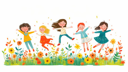 Fototapeta premium Happy Children Jumping Among Flowers on White Background, Spring Illustration