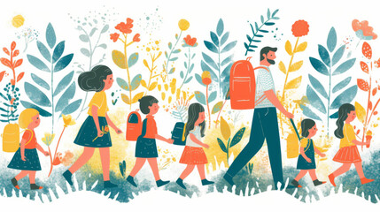 Family Hiking Together in a Flower-Filled Forest, Nature Adventure Illustration..