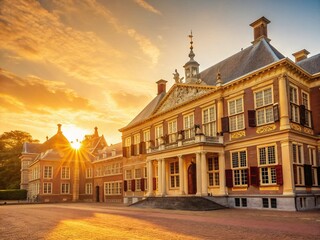 Fototapeta premium Majestic Dutch Palace Architecture: Golden Hour Sunlight on Classic Facade