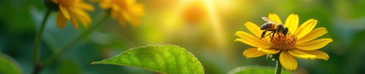 Fototapeta premium Sunlight filters through leaf veins, highlighting bee's form, dew, flowers, bees