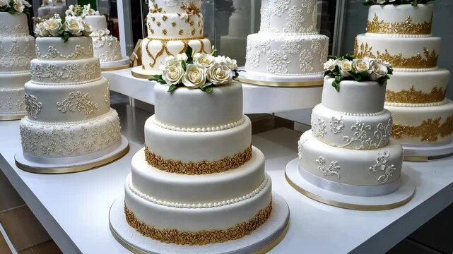 A collection of beautifully decorated wedding cakes featuring floral accents and intricate designs displayed in a bakery setting