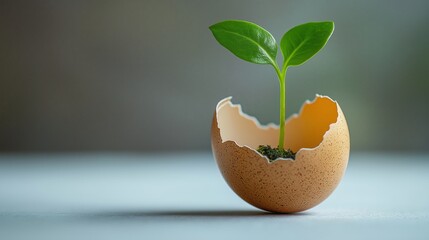 New beginnings sprouting from an eggshell in soft light, copy space