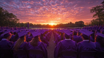 Under a breathtaking sunset, graduates in purple attire gather to celebrate their achievements. The atmosphere is filled with joy and anticipation as the day comes to a close
