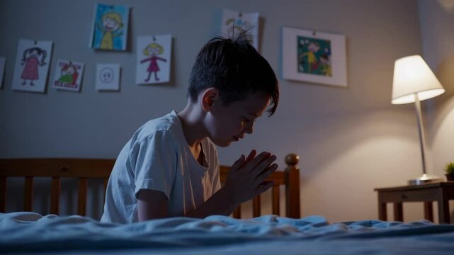 Young boy kneeling beside bed, softly praying near bedside lamp, with childhood drawings decorating bedroom wall during quiet nighttime moment