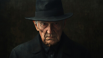 An elderly man with a black hat in a dignified posture