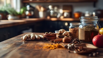 A Rustic Kitchen Ready for Autumn with Spices and the Benefits of Boosting Immunity Through Cooking