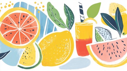 Tropical lemon fruits abstract composition. Cartoon illustration of fruit mix, harvest in hand drawn doodle retro style	
